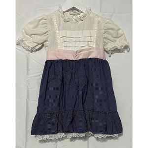 Vtg Winnie The Pooh Dress Girls Size 6 Blue White Polka Dots Pink Bow